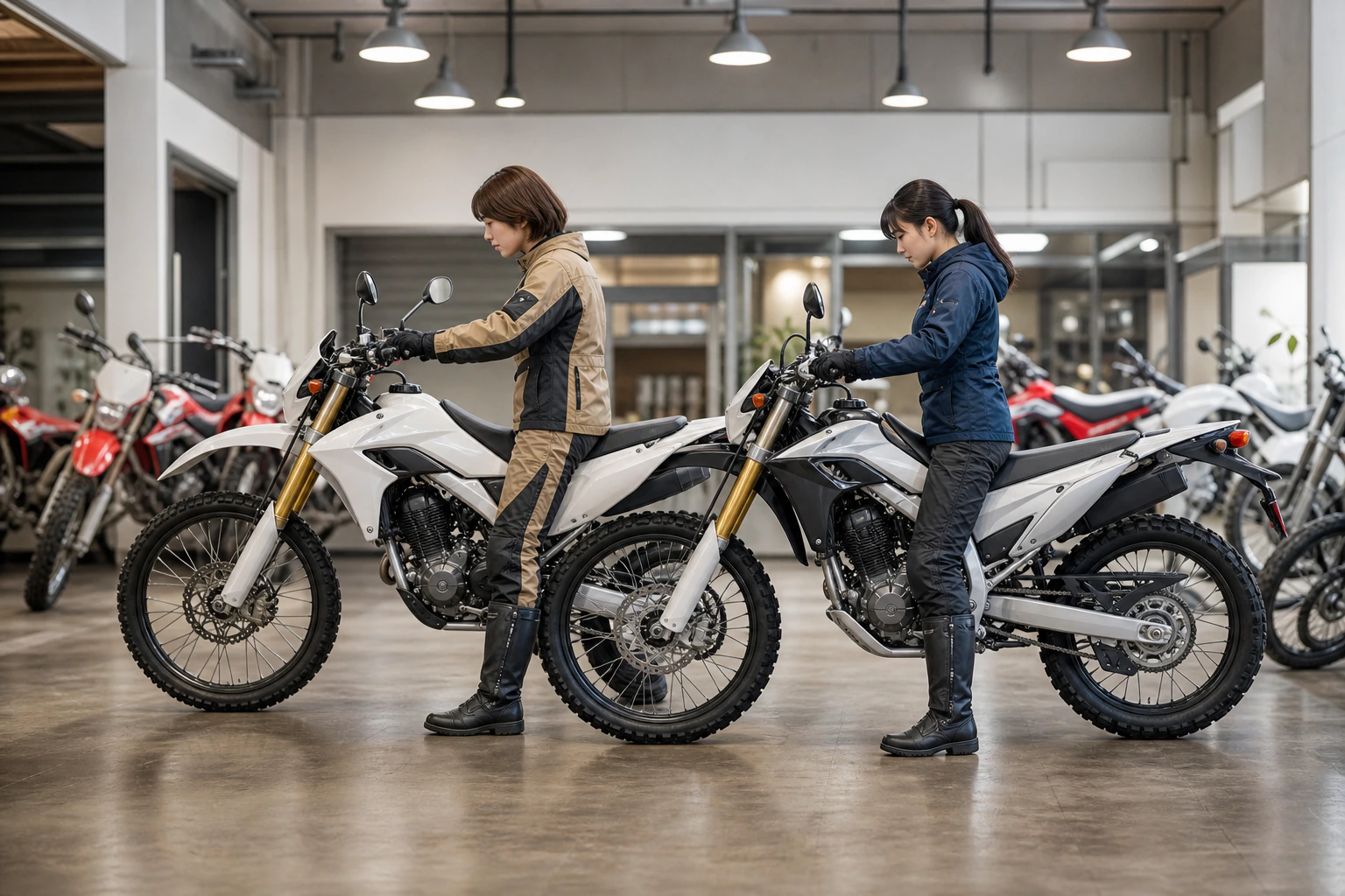 オフロードバイクの足つきと車重を実車で確認する