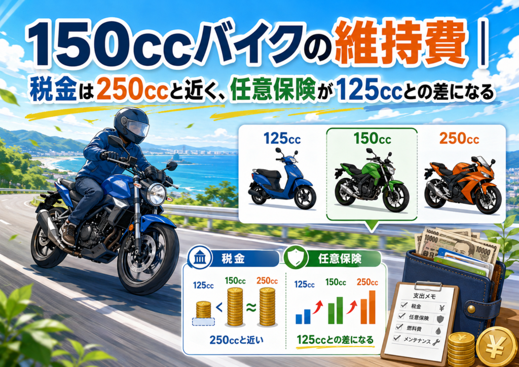 150ccバイクの維持費|税金は250ccと近く、任意保険が125ccとの差になる