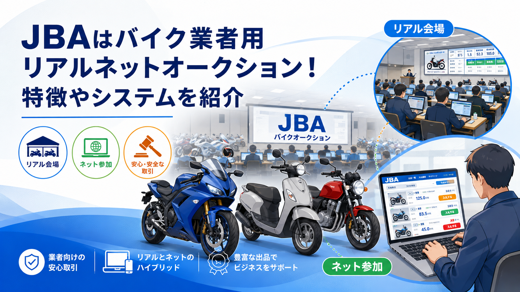JBAはバイク業者用リアルネットオークション！特徴やシステムを紹介 