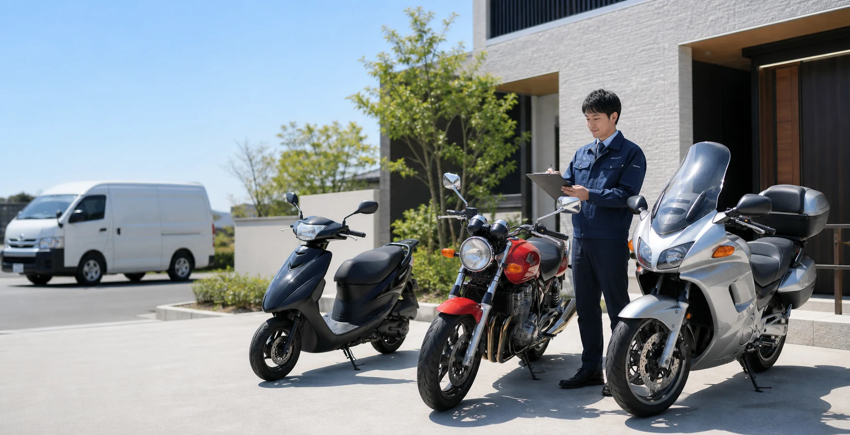 自宅で複数のバイクを査定するスタッフ