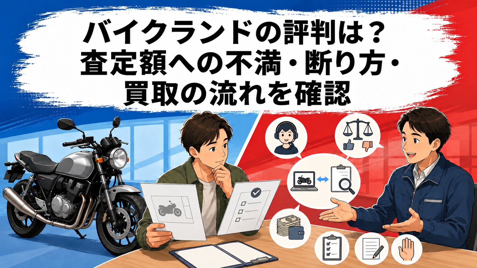 バイクランドの査定額・断り方・買取手続きを確認して売却を検討する説明図