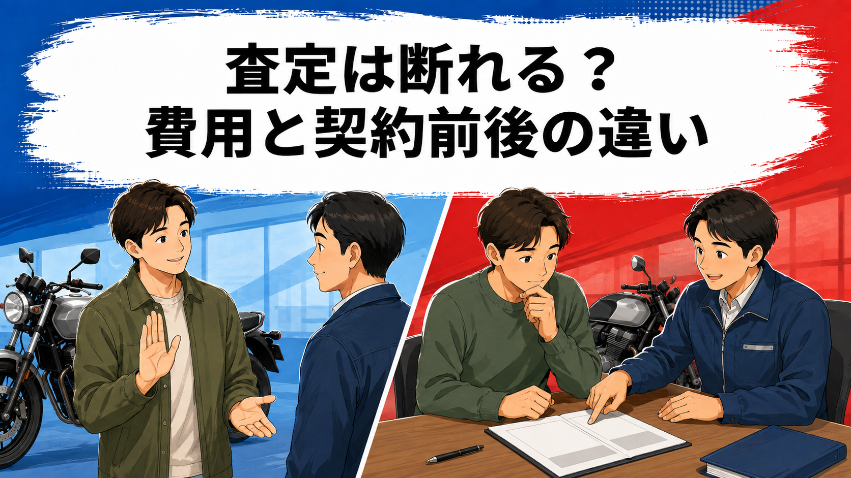 査定を断る場面と契約条件を確認する場面を分けたバイクランドの費用説明図