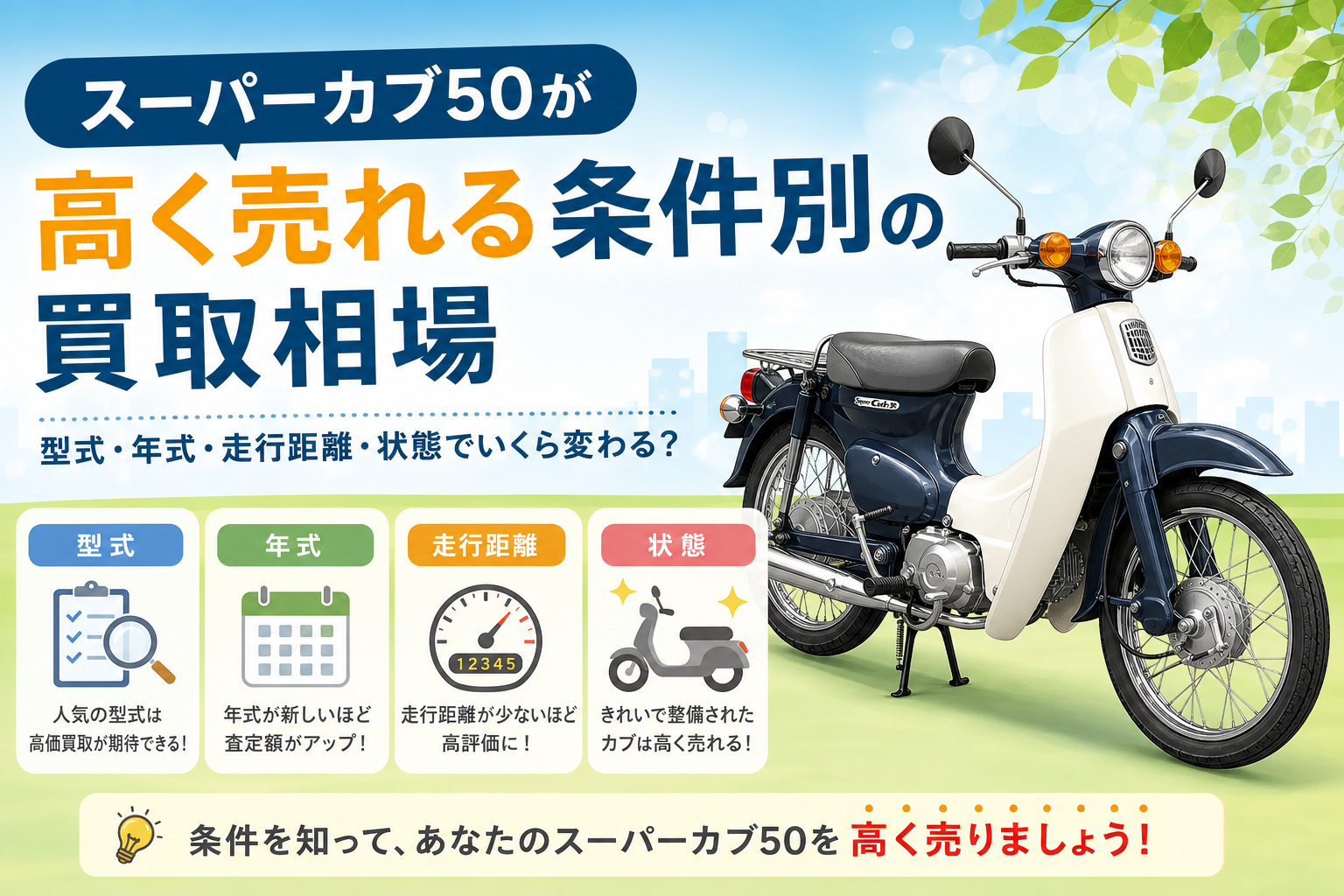 スーパーカブ50が高く売れる条件別の買取相場