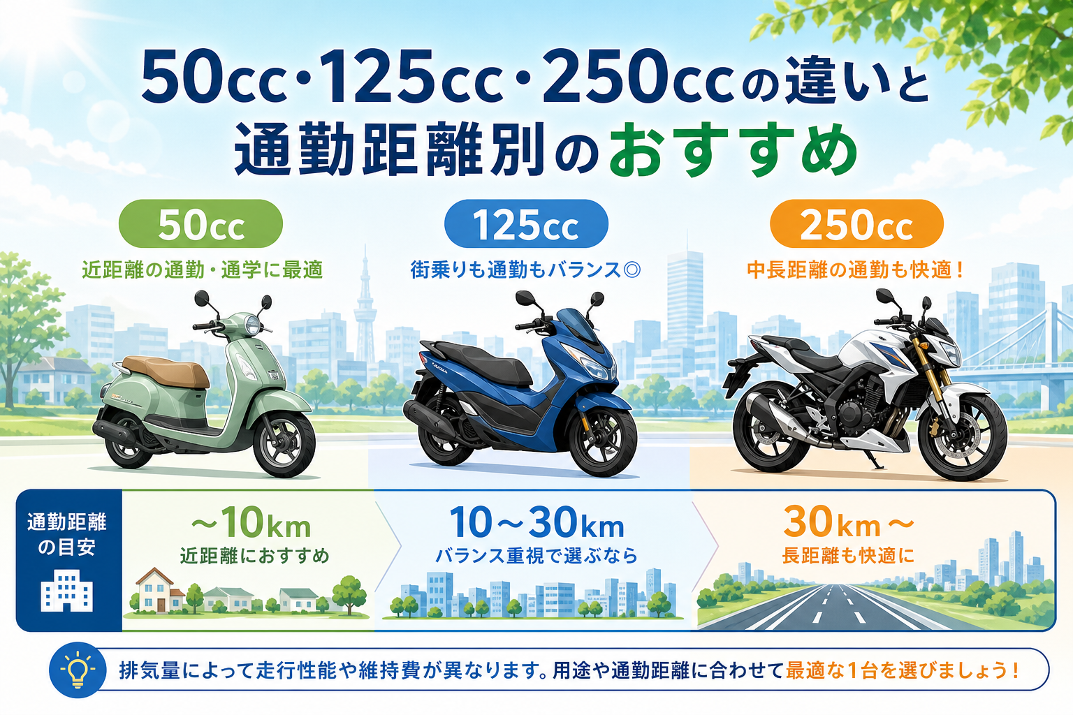 50cc・125cc・250ccの違いと通勤距離別のおすすめ