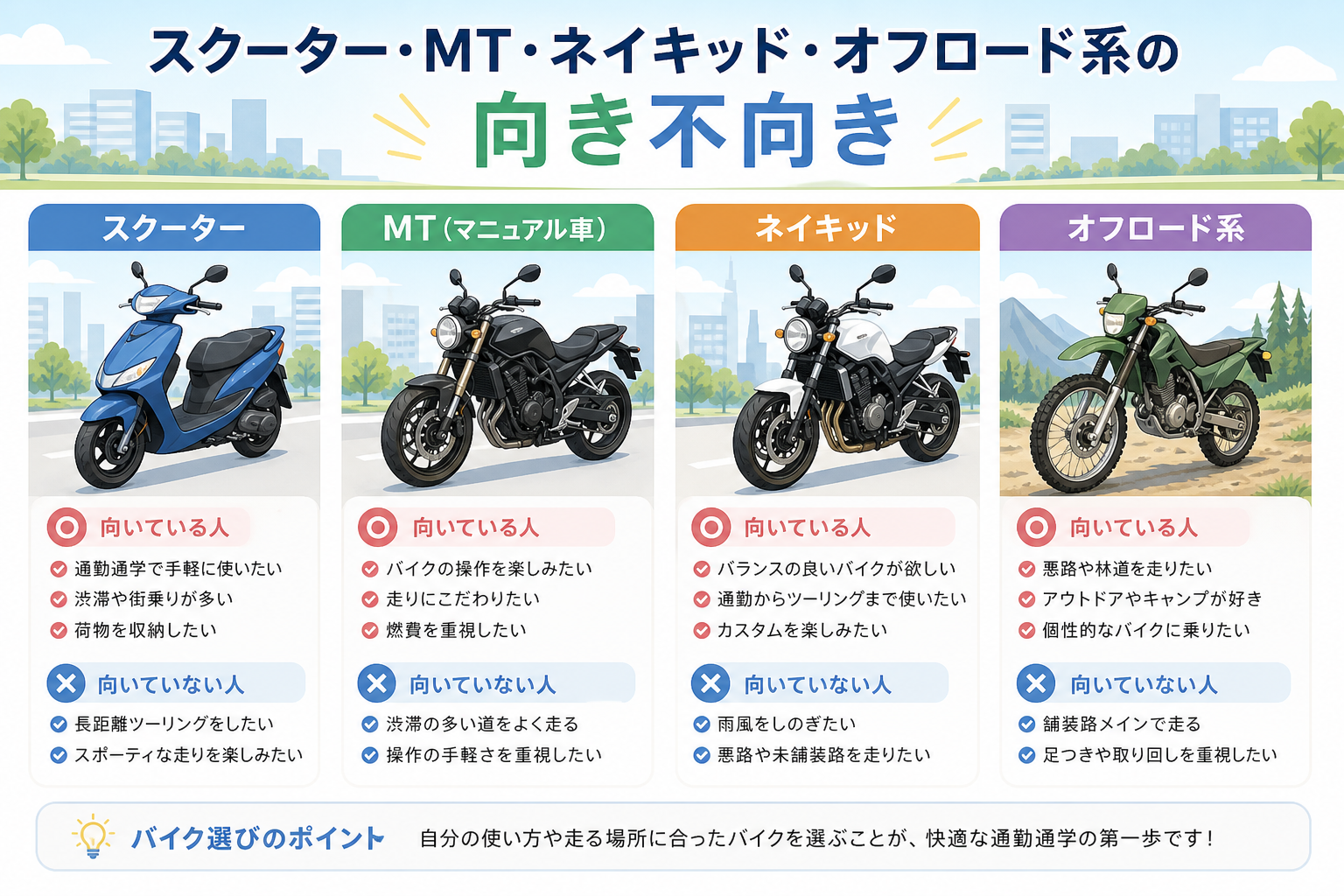 スクーター・MT・ネイキッド・オフロード系の向き不向き