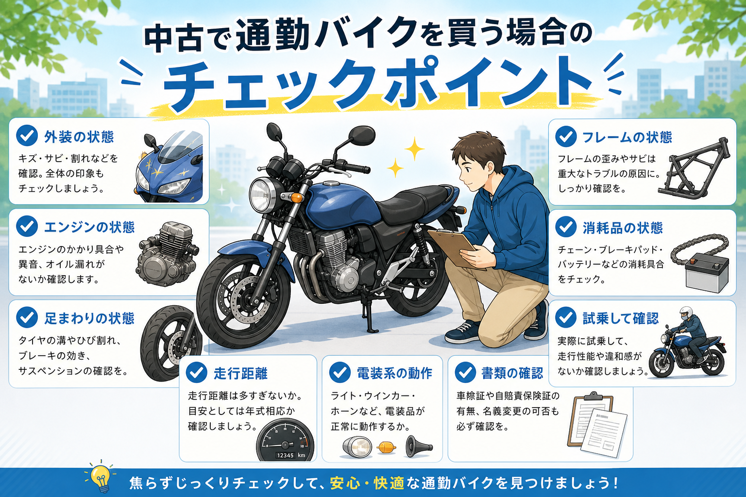 中古で通勤バイクを買う場合のチェックポイント
