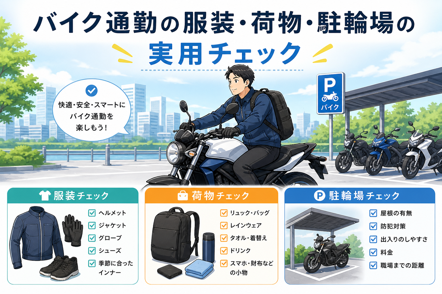 バイク通勤の服装・荷物・駐輪場の実用チェック