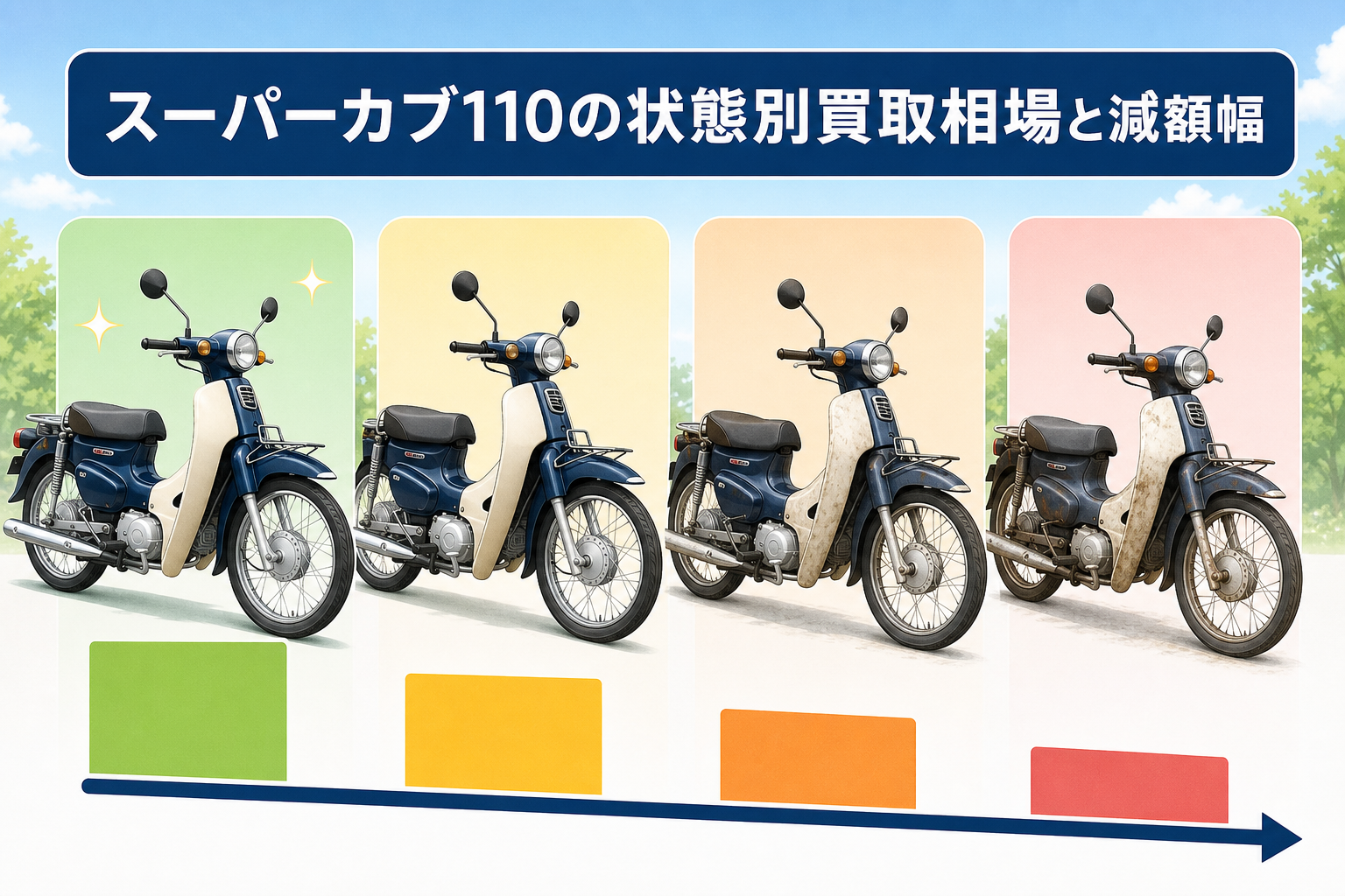スーパーカブ110の状態別買取相場と減額幅