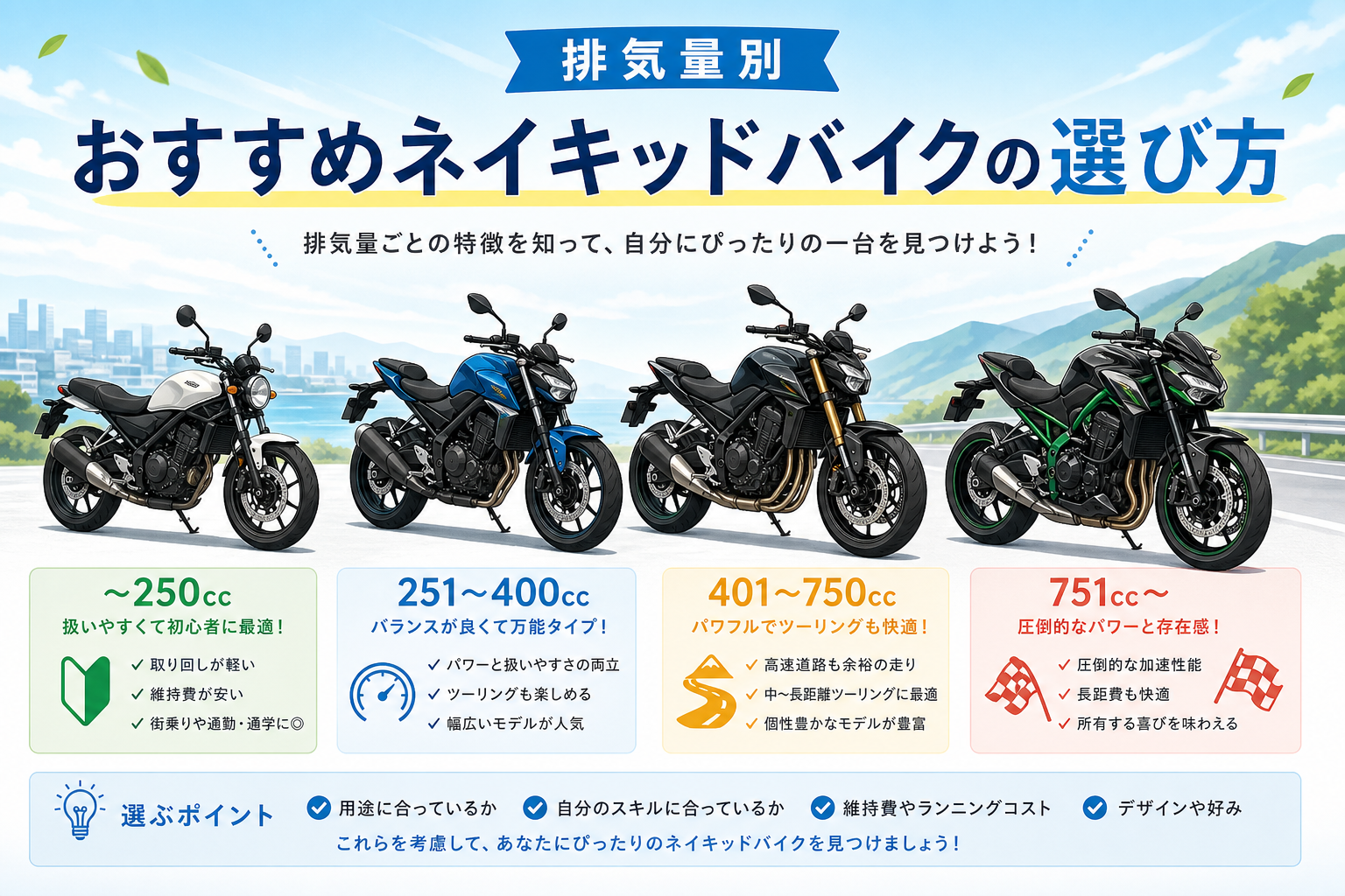 排気量別|おすすめネイキッドバイクの選び方