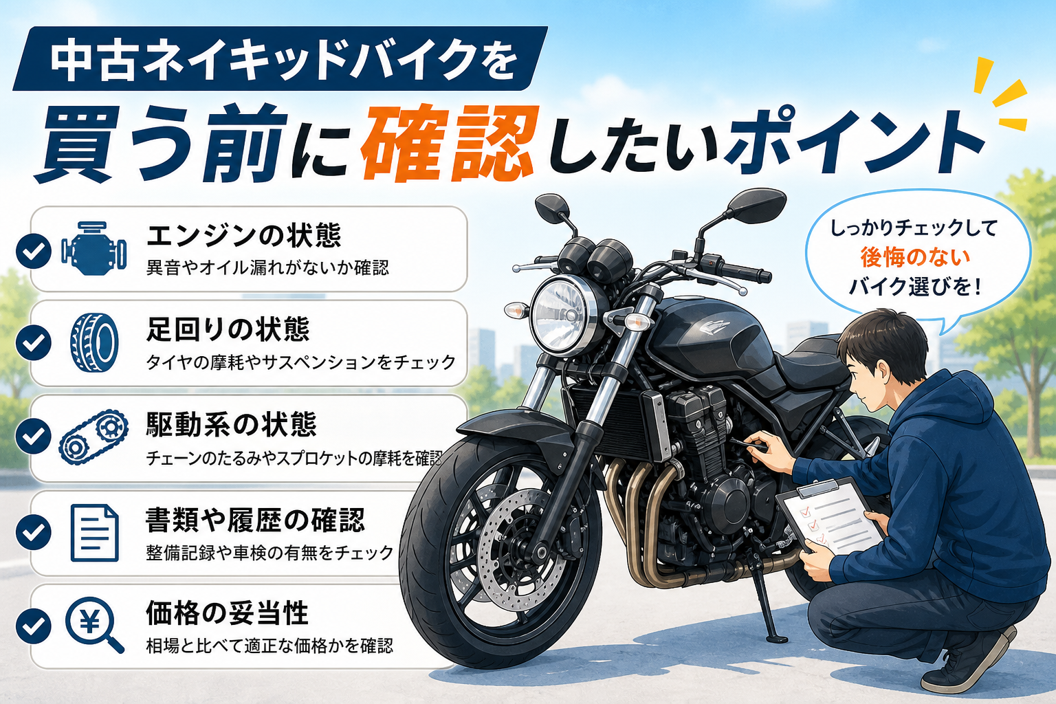 中古ネイキッドバイクを買う前に確認したいポイント