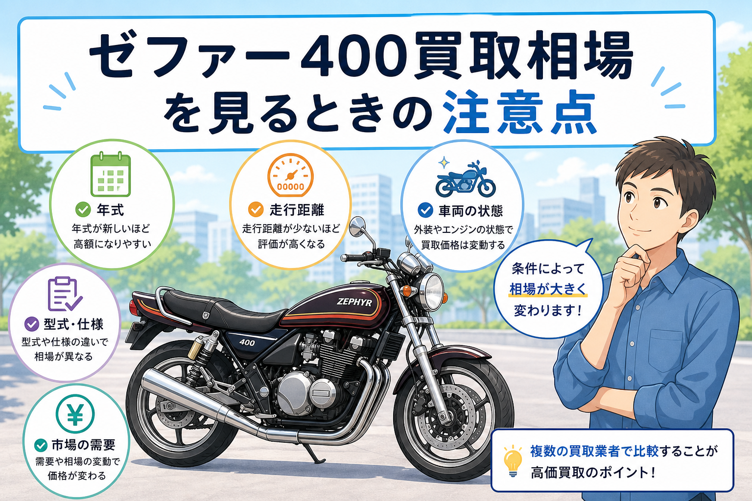 ゼファー400の買取相場はいくら？型式・年式・走行距離・状態別に解説