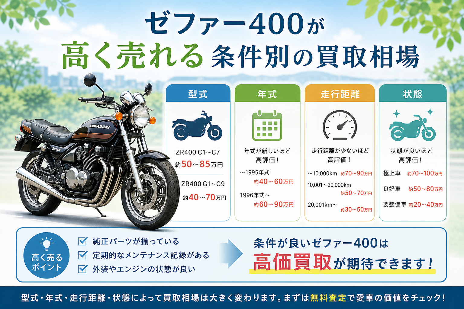 ゼファー400が高く売れる条件別の買取相場