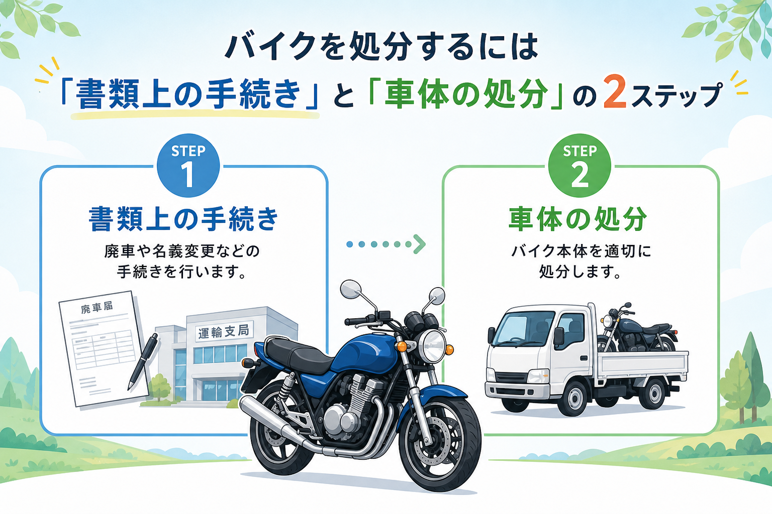 バイクを処分するには「書類上の手続き」と「車体の処分」の2ステップ