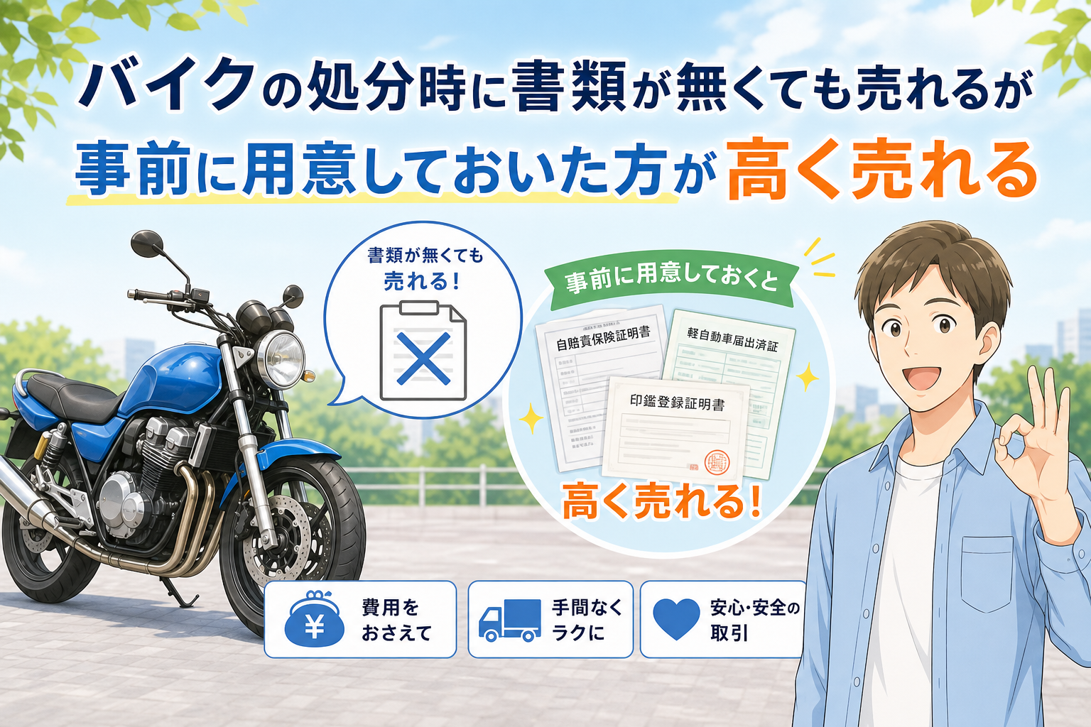 バイクの処分時に書類が無くても売れるが事前に用意しておいた方が高く売れる