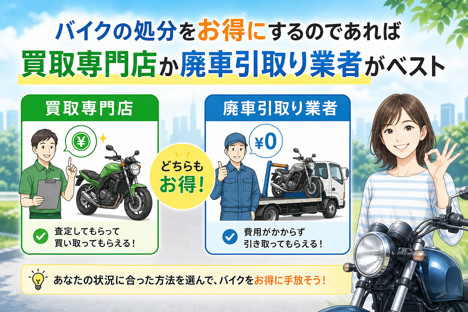 バイクの処分をお得にするのであれば買取専門店か廃車引取り業者がベスト