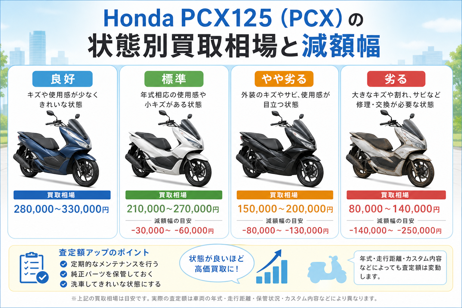 Honda PCX125（PCX）の状態別買取相場と減額幅