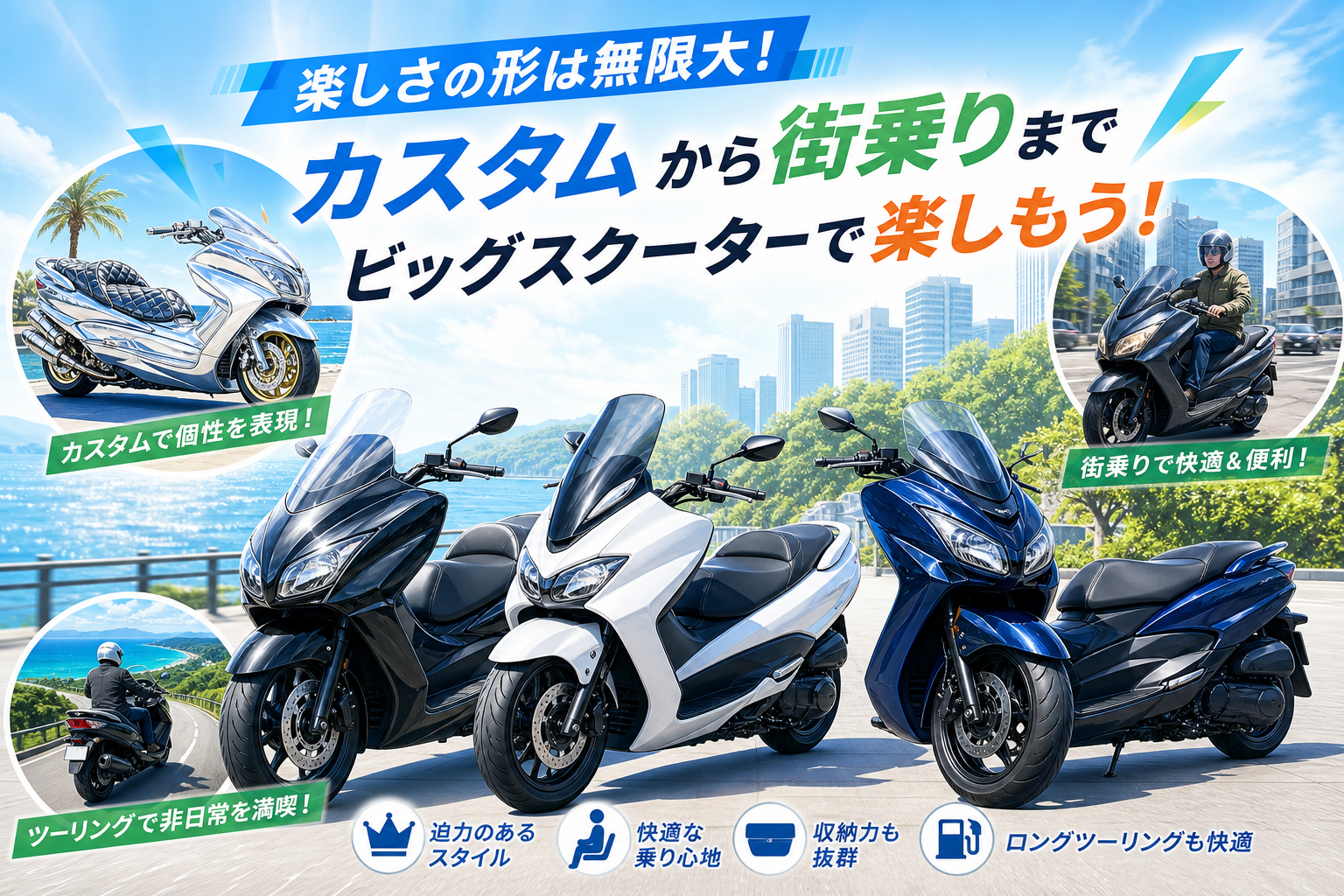 楽しさの形は無限大!カスタムから街乗りまでビッグスクーターで楽しもう!