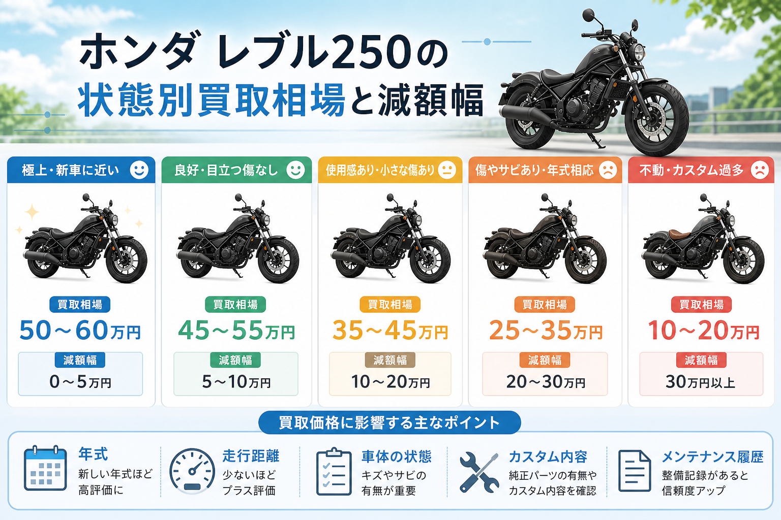 レブル250の買取相場｜型式・年式・走行距離・状態別に解説 - 【決定版 