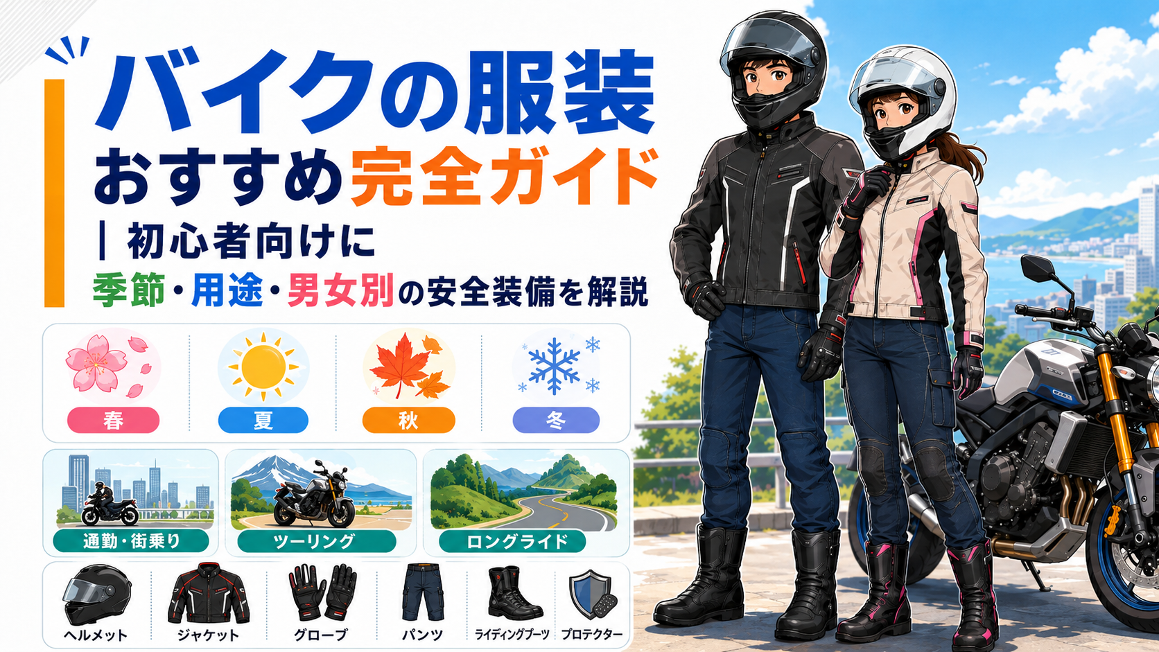 バイクの服装おすすめ完全ガイド｜初心者向けに季節・用途・男女別の安全装備を解説